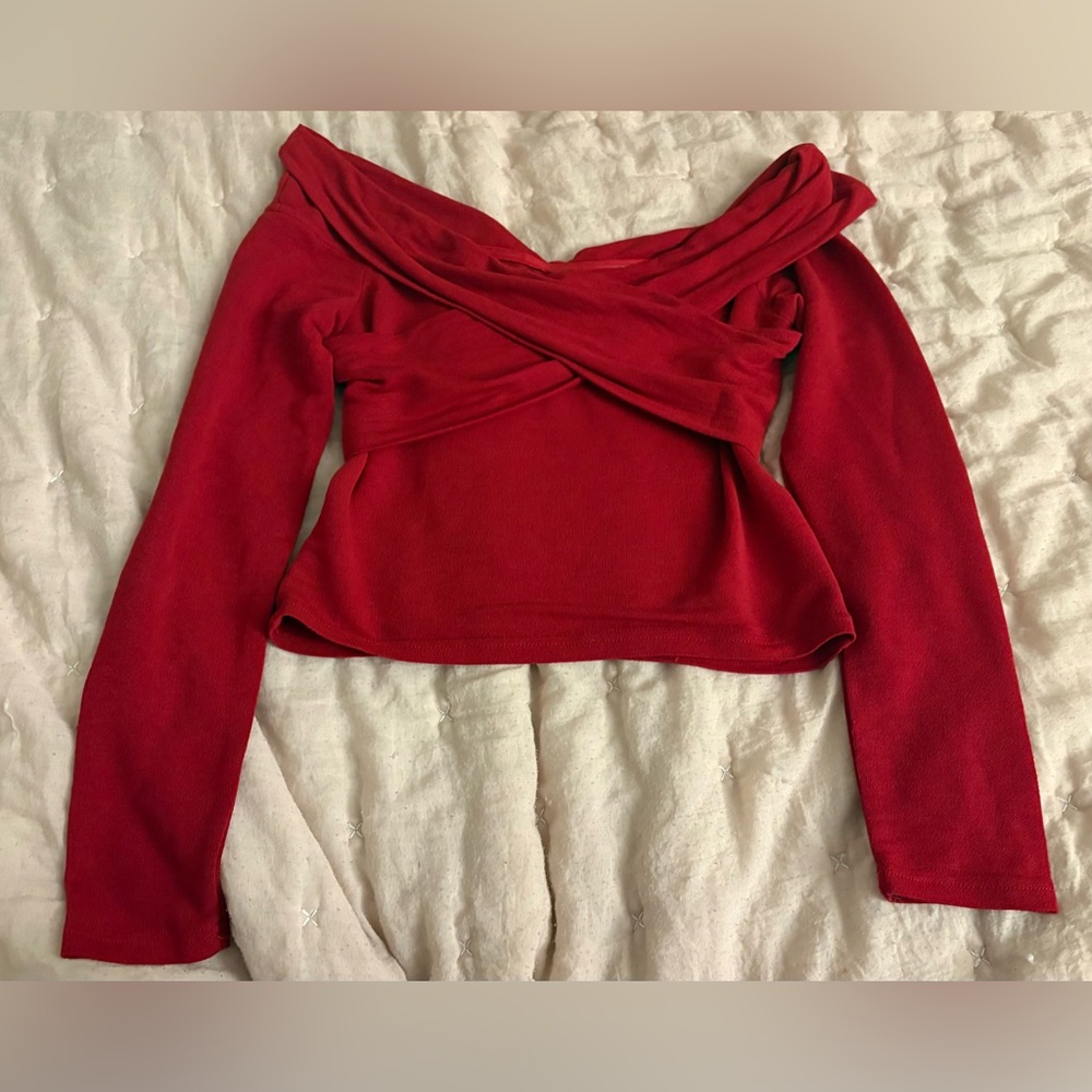 Edikted Red Off the Shoulder Long Sleeve Crop Top